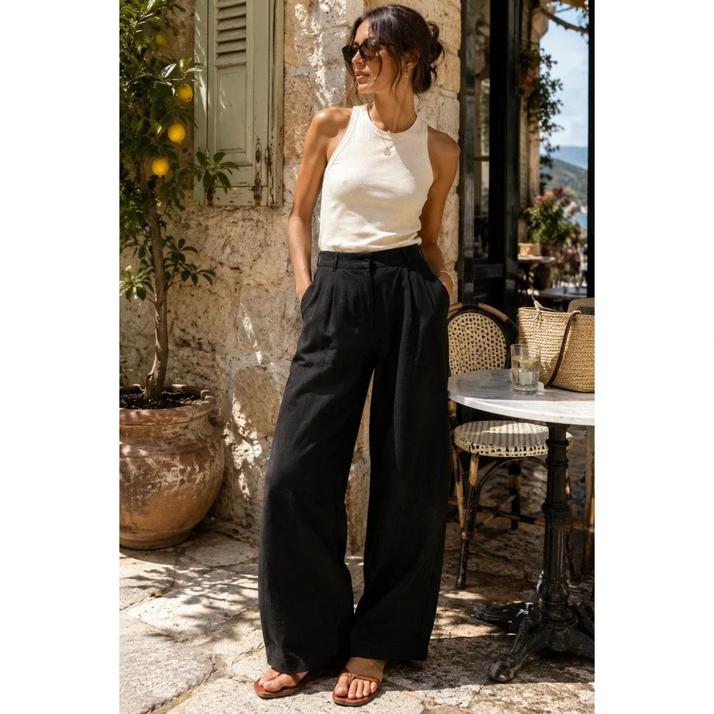 Quince 100% European Linen Pleated Wide Leg Trousers Black 14